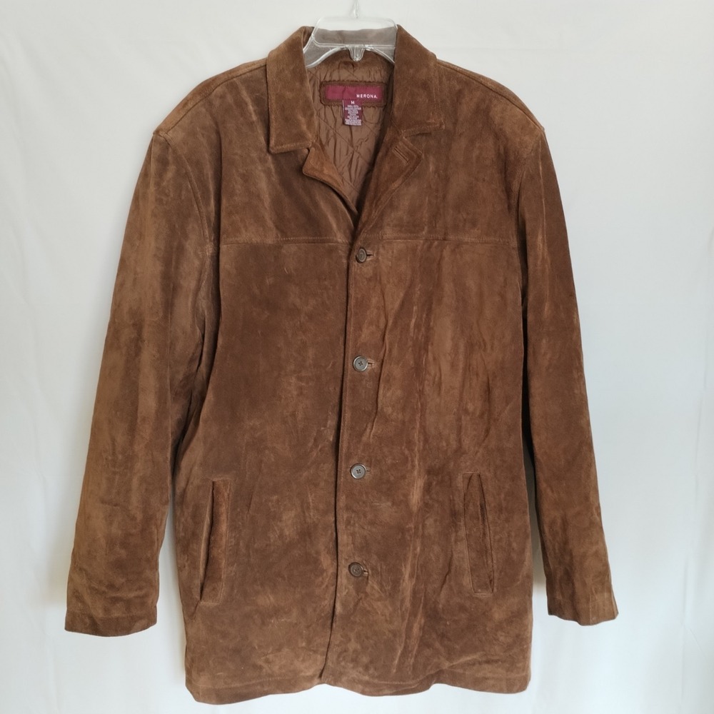 Vintage Merona Men's M Brown Suede Leather Coat‎ Chore Jacket Quilt Lined Y2K